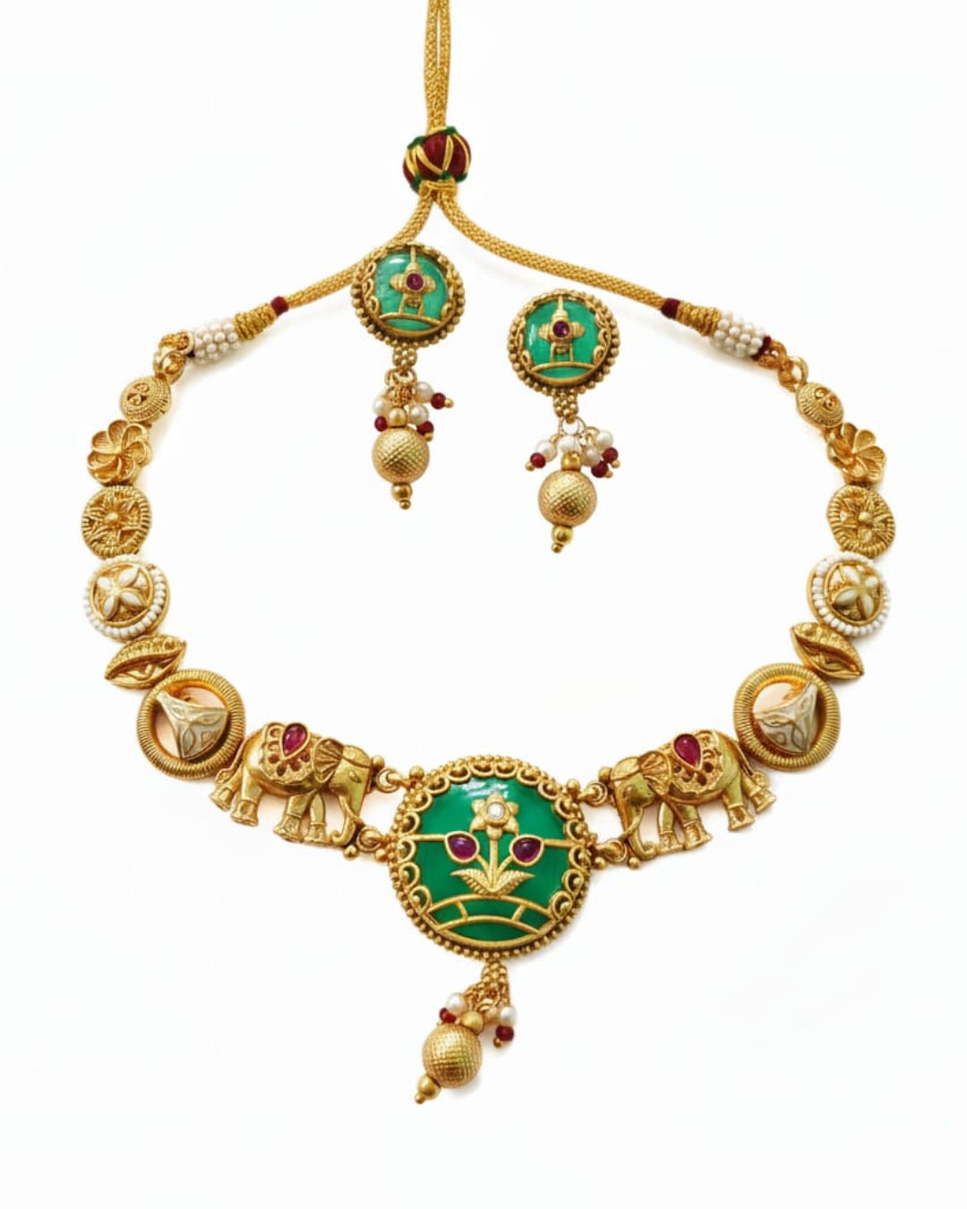 Antique Elephant Motif Choker Necklace Set - Image 3