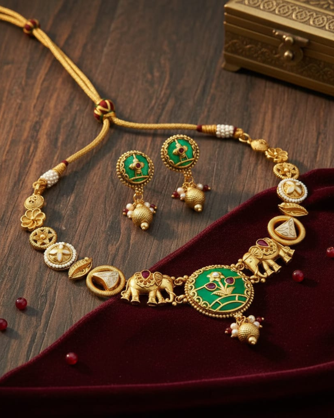 Antique Elephant Motif Choker Necklace Set - Image 2