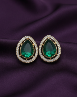 Teardrop Green Crystal Stud Earrings with CZ Halo