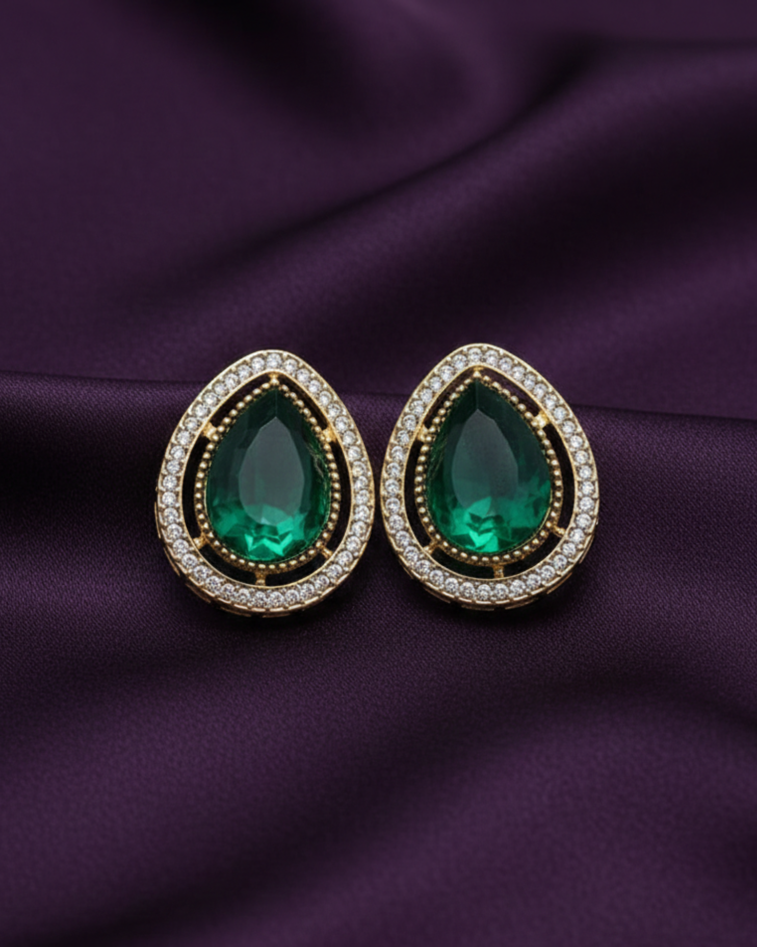 Teardrop Green Crystal Stud Earrings with CZ Halo
