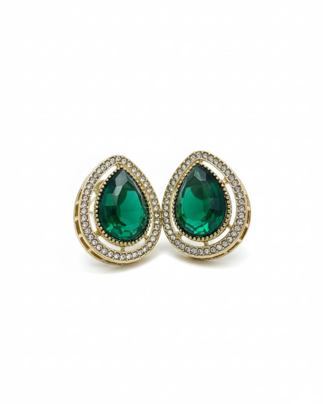 Teardrop Green Crystal Stud Earrings with CZ Halo - Image 3