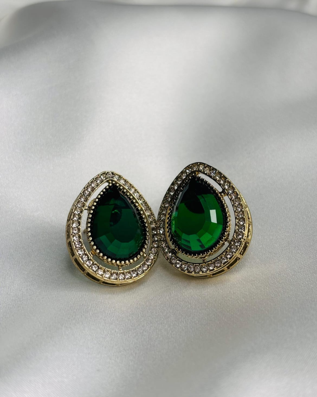 Teardrop Green Crystal Stud Earrings with CZ Halo - Image 2