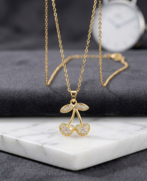 Premium Gold Plated Cherry Pendant Necklace | Dainty Crystal Studded Fruit Charm with Classic Link Chain | Elegant Jewelry Gift for Girls & Women