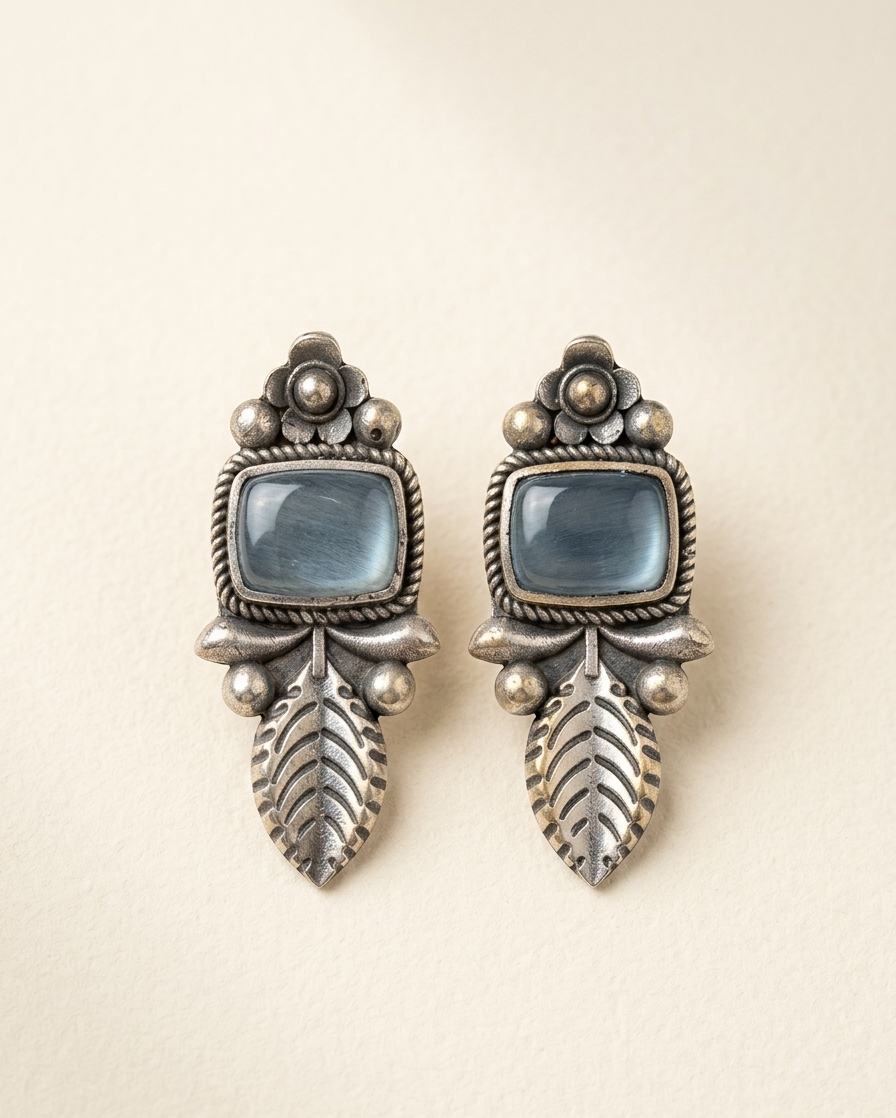 Oxidized Silver Leaf Drop Earrings | Antique Floral Studs with Blue Cats-Eye Stone | Boho Tribal Jewelry