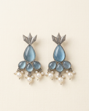 Oxidized Silver Blue Cat-Eye Drop Earrings | Antique Tribal Lotus Crown Jhumka | Pearl Hanging Ethnic Jewelry