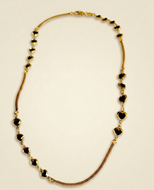 18k Gold Plated Black Onyx-Style Heart Station Necklace – Elegant Long Chain Jewelry