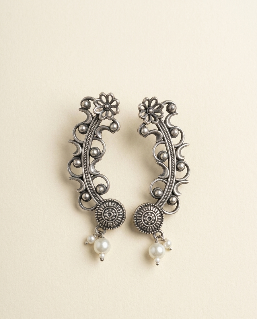xidized Silver Floral Vine Ear Crawlers | Antique Botanical Climber Earrings | Boho Ethnic Flower Motif Lobe Cuff Jewelry