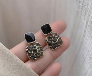 Elegant Vintage Square Drop Earrings – Black Enamel and Smoked Grey Crystal Geometric Dangle Earrings for Women