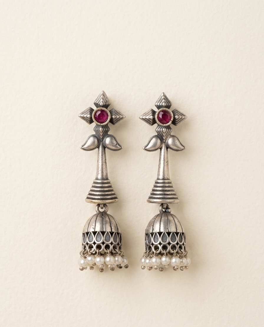 Oxidized Silver Sunburst Jhumka Earrings | Antique Tribal Floral Drops | Boho Ethnic Statement Bell Earrings