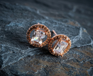 Premium Rose Gold Emerald Cut Halo Stud Earrings | Elegant Rectangular Stone with Round Crystal Accents | Dainty & Romantic Jewelry Gift for Women