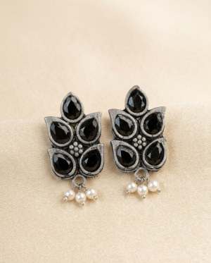 Oxidized Silver Floral Cluster Earrings | Antique Tribal Studs with Black Stones & Pearl Drops | Boho Ethnic Statement Jewelry