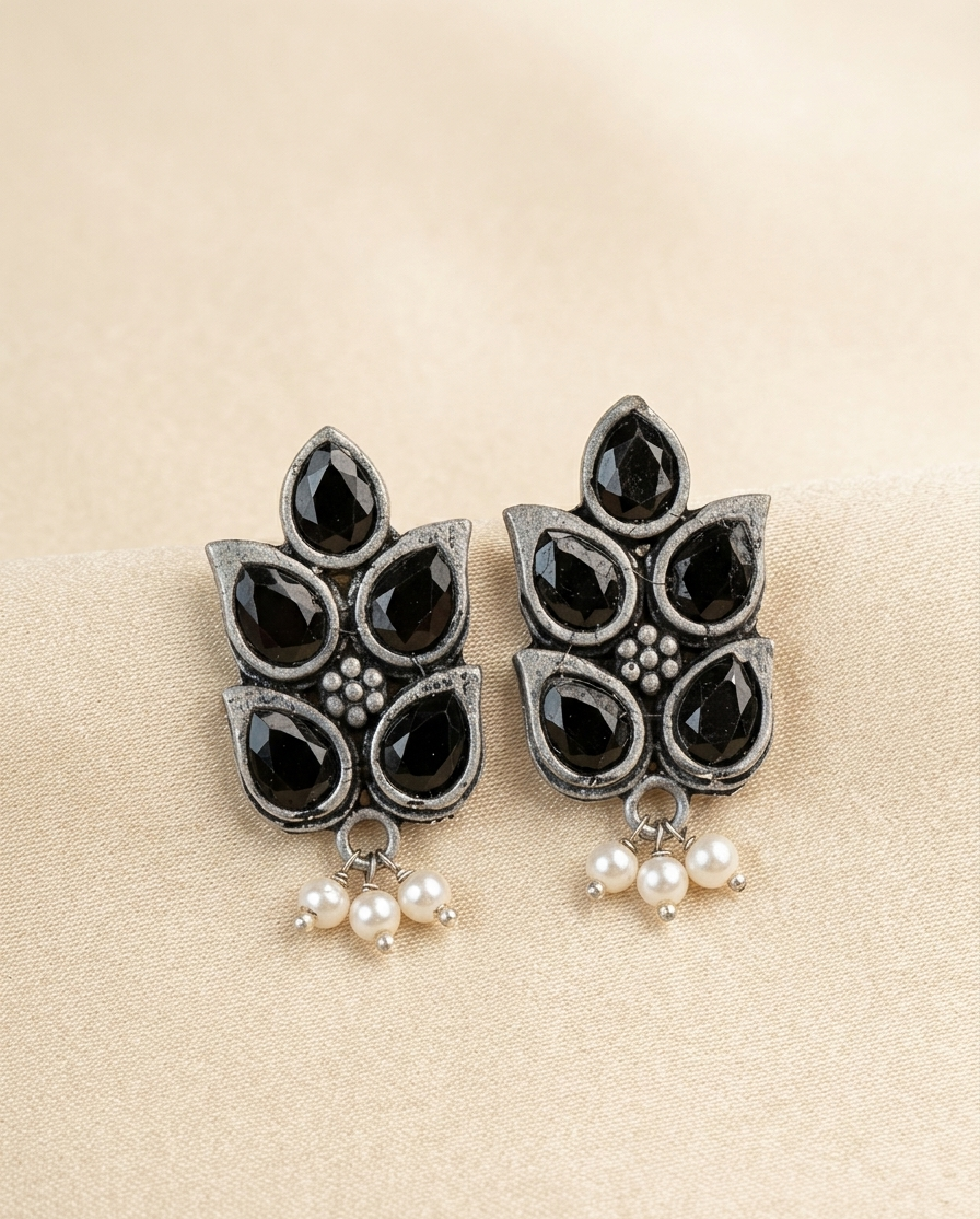 Oxidized Silver Floral Cluster Earrings | Antique Tribal Studs with Black Stones & Pearl Drops | Boho Ethnic Statement Jewelry