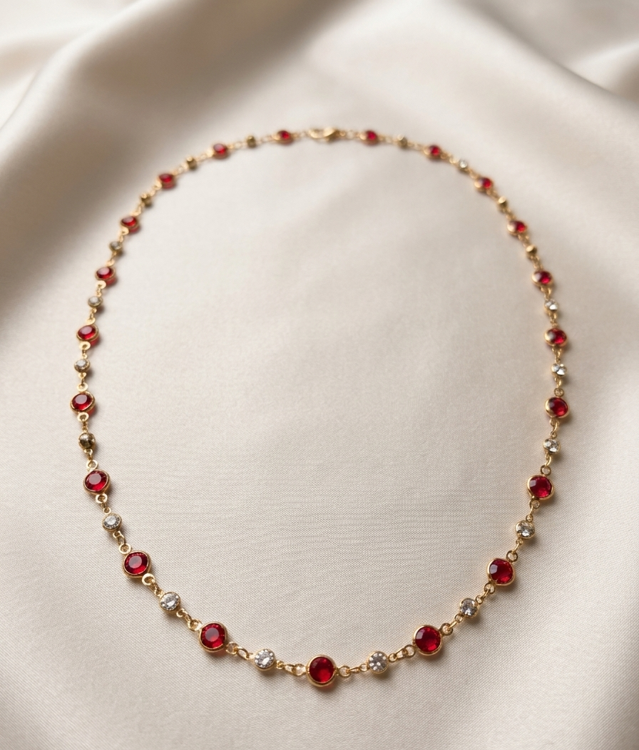 Ruby and Diamond Station Necklace | Bezel-Set Gemstone Layering Chain