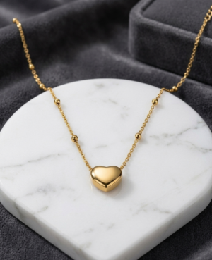 Premium Gold Plated Heart Pendant Necklace | Dainty Solid Heart Charm with Elegant Beaded Link Chain | Chic Everyday Jewelry Gift for Women