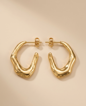 Gold Molten Lava Hoop Earrings – Irregular Organic Textured Abstract Stud Hoops
