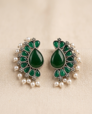 Oxidized Silver Green Stone Stud Earrings | Antique Emerald Teardrop Chandbali Studs | Tribal Pearl Drop Ethnic Jewelry