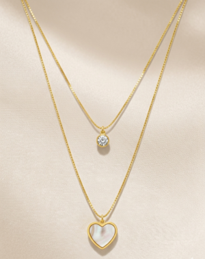 Gold Layered Necklace Set with Mother of Pearl Heart and Solitaire Crystal – Double Chain Jewelry