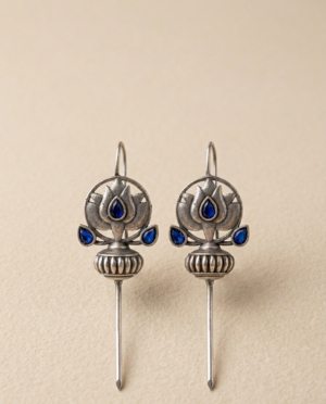 Oxidized Silver Lotus Needle Earrings | Antique Blue Stone Drop Pins | Tribal Fusion Long Dangle Jewelry