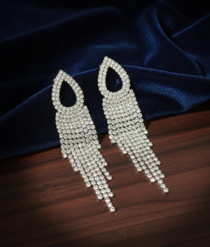 Sparkling Crystal Rhinestone Fringe Tassel Earrings – Elegant Silver-Tone Teardrop Chandelier Dangle Earrings for Weddings, Parties, and Formal Events