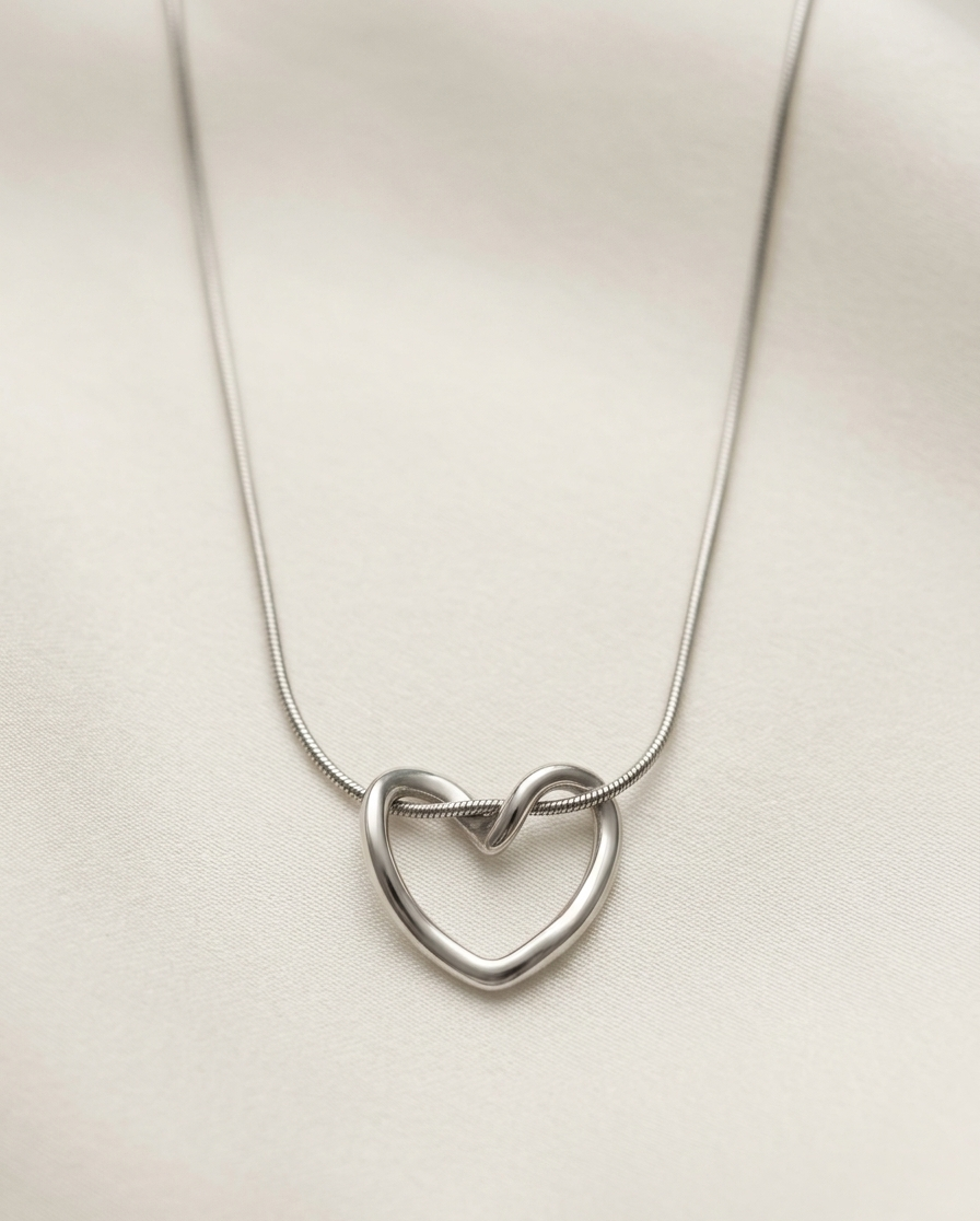 Minimalist Silver Heart Slider Necklace – Sleek Open Heart Pendant on Snake Chain