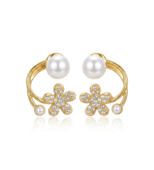 Premium Gold Plated Pearl & Crystal Flower Stud Earrings | Elegant Floral Drop Design with Shimmering Accents | Chic Statement Jewelry for Weddings, Parties, & Gifting