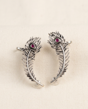 Oxidized Silver Peacock Feather Ear Cuffs | Antique Tribal Ear Crawler Earrings | Bohemian Handcrafted Ethnic Jewelry