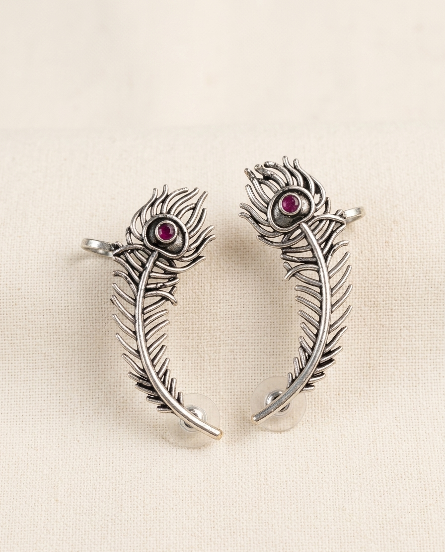 Oxidized Silver Peacock Feather Ear Cuffs | Antique Tribal Ear Crawler Earrings | Bohemian Handcrafted Ethnic Jewelry