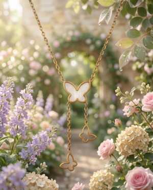 Premium Gold Plated Mother of Pearl Butterfly Tassel Necklace | Dainty Triple Butterfly Drop Charm | Elegant Nature-Inspired Jewelry for Women & Girls