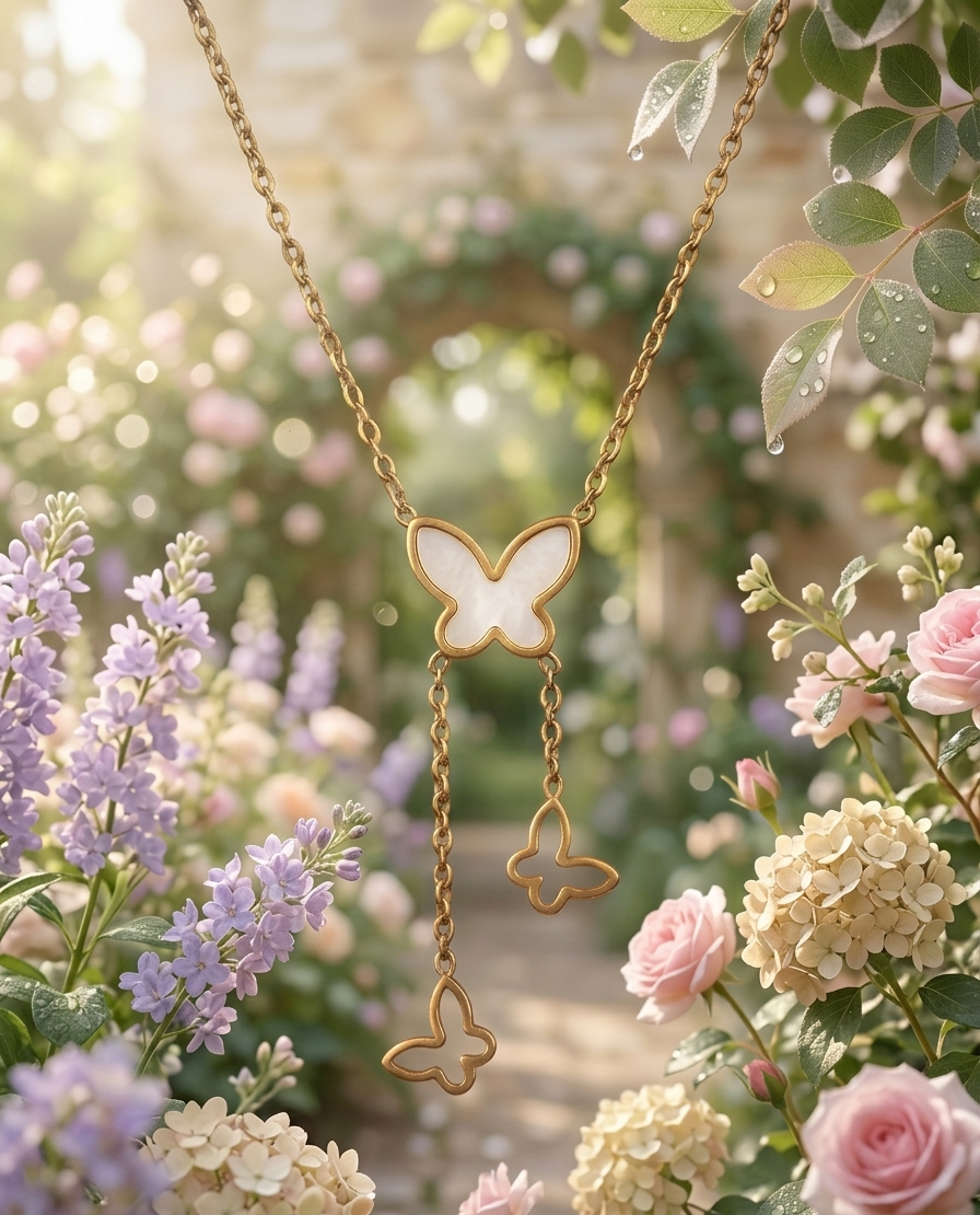 Premium Gold Plated Mother of Pearl Butterfly Tassel Necklace | Dainty Triple Butterfly Drop Charm | Elegant Nature-Inspired Jewelry for Women & Girls