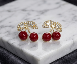 Cherry Drop Earrings for Women - Sparkling Crystal & Red Pearl Fruit Studs - Funky Classy Jewelry for Parties, Birthdays, and Summer Style - Gold-Tone Aesthetic Earrings
