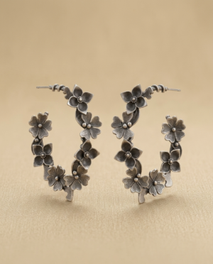 Oxidized Silver Floral Hoop Earrings | Antique Flower Vine Jhumka Hoops | Boho Tribal Statement Earrings