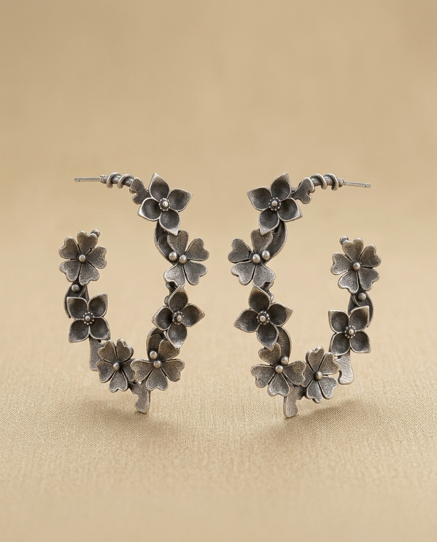 Oxidized Silver Floral Hoop Earrings | Antique Flower Vine Jhumka Hoops | Boho Tribal Statement Earrings
