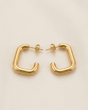 Gold Rectangular Hoop Earrings – Minimalist Chunky Geometric Stud Hoops