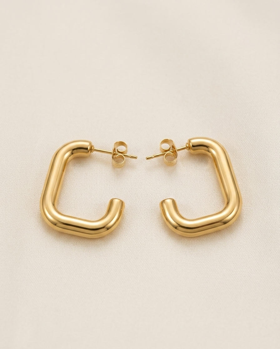 Gold Rectangular Hoop Earrings – Minimalist Chunky Geometric Stud Hoops