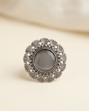 Oxidized Sunburst Statement Ring | Antique Tribal Filigree Adjustable Ring | Artisan Boho Ethnic Finger Jewelry | Handcrafted Sun Motif Ring