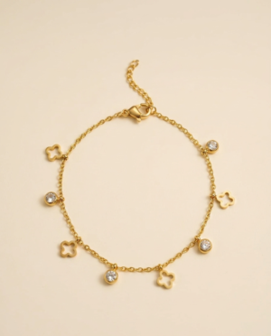 Gold Clover Charm Bracelet with Solitaire Crystals – Adjustable Floral Station Jewelry