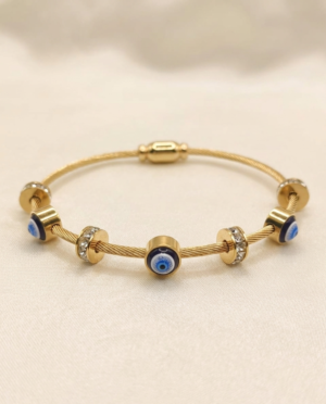 Gold Evil Eye Cable Bangle – Sparkling Crystal Protective Charm Bracelet