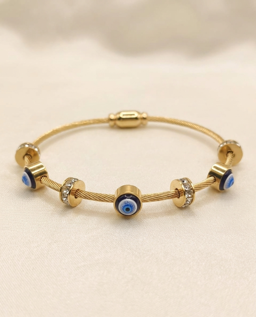 Gold Evil Eye Cable Bangle – Sparkling Crystal Protective Charm Bracelet