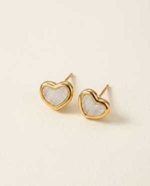 Gold Glitter Heart Stud Earrings – Dainty Sparkling Druzy-Effect Romantic Studs