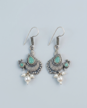 Oxidized Silver Peacock Earrings | Antique Tribal Drop Earrings with Sea-Green Stones & Pearl Hangings