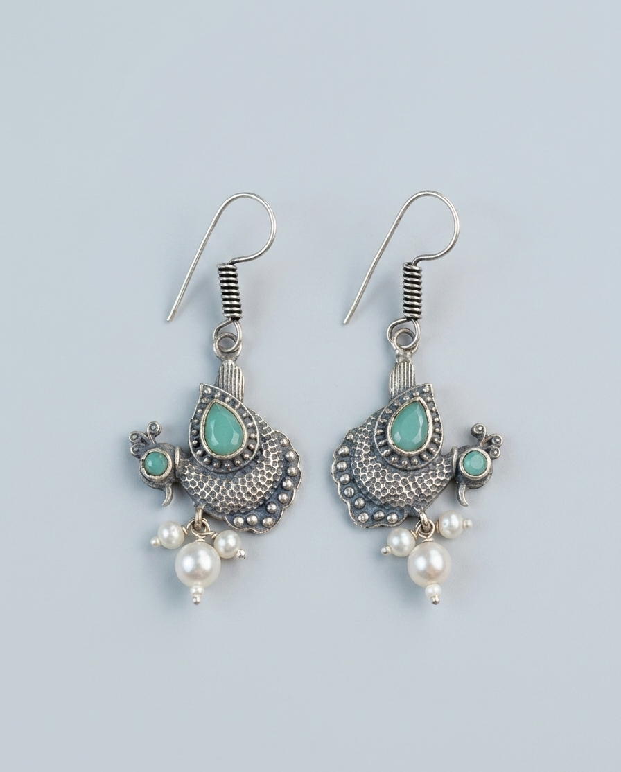 Oxidized Silver Peacock Earrings | Antique Tribal Drop Earrings with Sea-Green Stones & Pearl Hangings