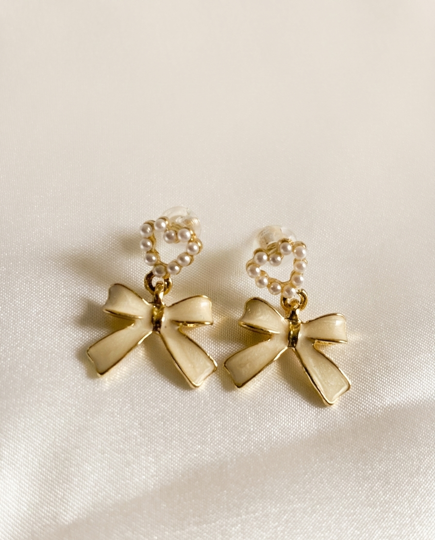Pearl Heart and Enamel Bow Drop Earrings – Dainty Coquette Gold-Tone Studs