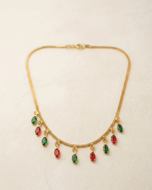 Gold Snake Chain Necklace with Green & Red Marquise Stone Dangles – Festive Holiday Jewelry