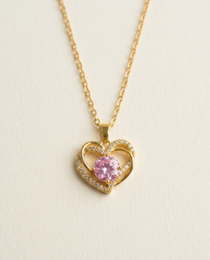 Gold Heart Pendant Necklace with Pink Crystal Center – Sparkling Romantic Jewelry for Women