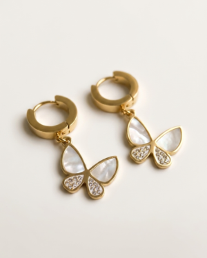 Mother of Pearl Butterfly Huggie Earrings – Crystal Accented Drop Studs