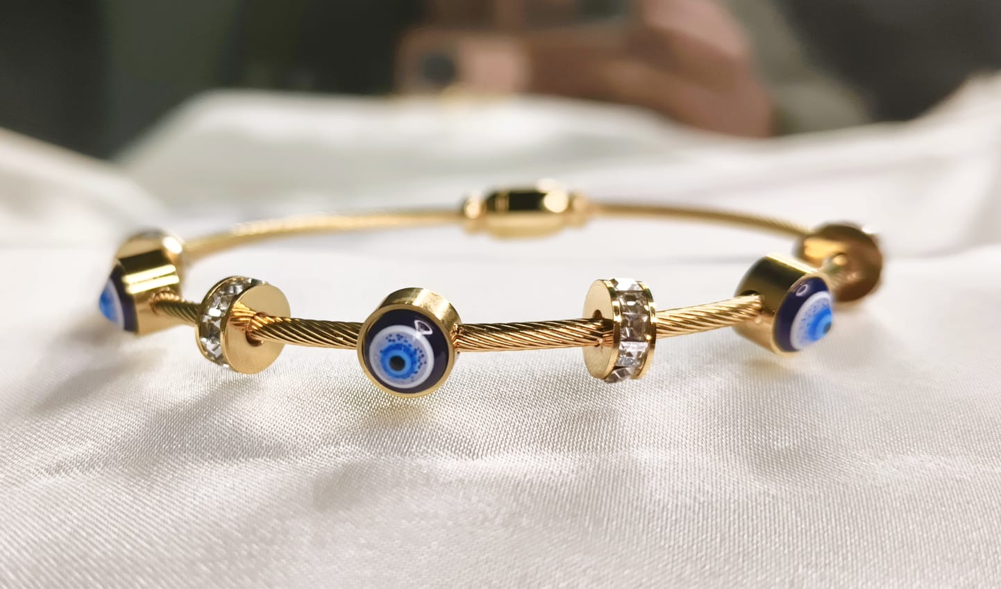 Gold Evil Eye Cable Bangle – Sparkling Crystal Protective Charm Bracelet - Image 2