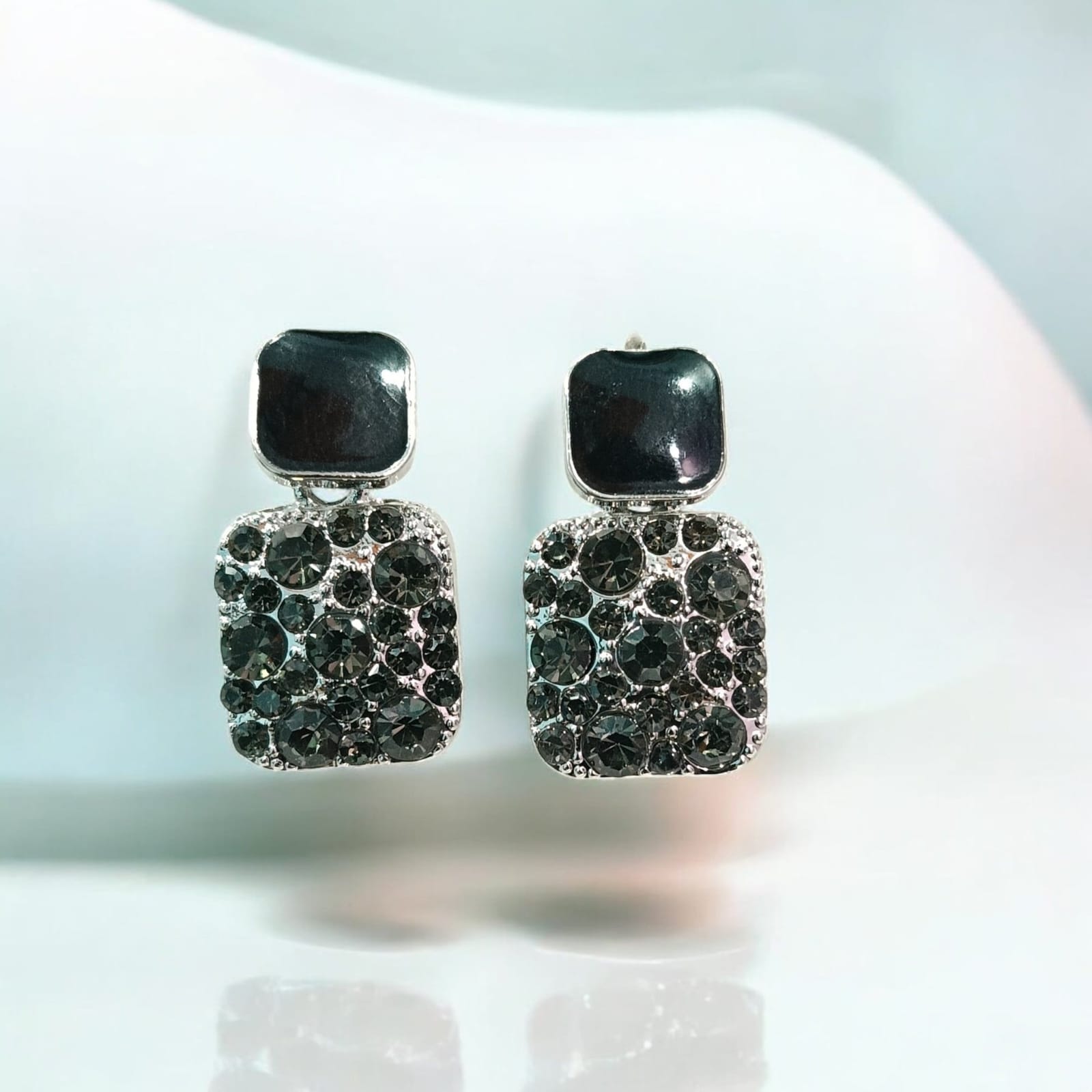 Elegant Vintage Square Drop Earrings – Black Enamel and Smoked Grey Crystal Geometric Dangle Earrings for Women - Image 2