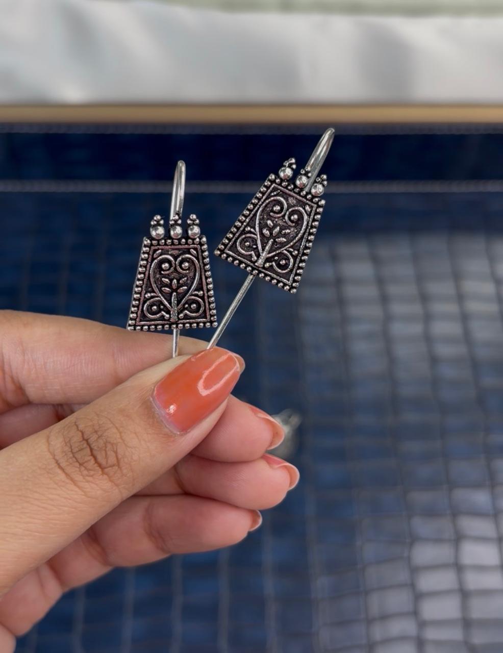 Artisan Oxidized Tribal Jewelry | Antique Ear Crawlers | Handcrafted Botanical Statement Earrings | Geometric Boho Tribal Accessories - Image 2