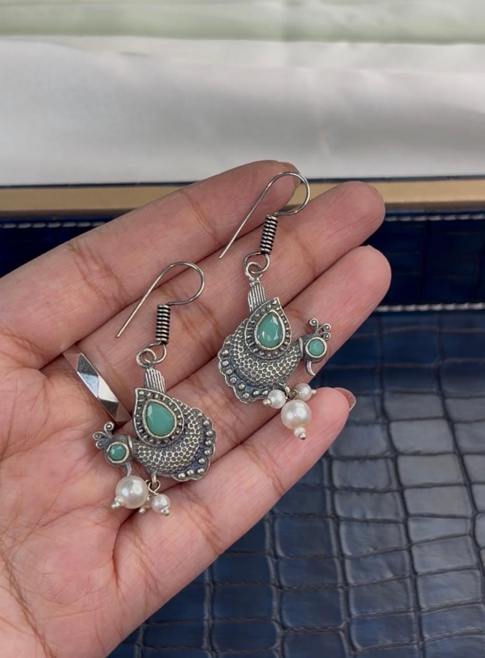 Oxidized Silver Peacock Earrings | Antique Tribal Drop Earrings with Sea-Green Stones & Pearl Hangings - Image 2