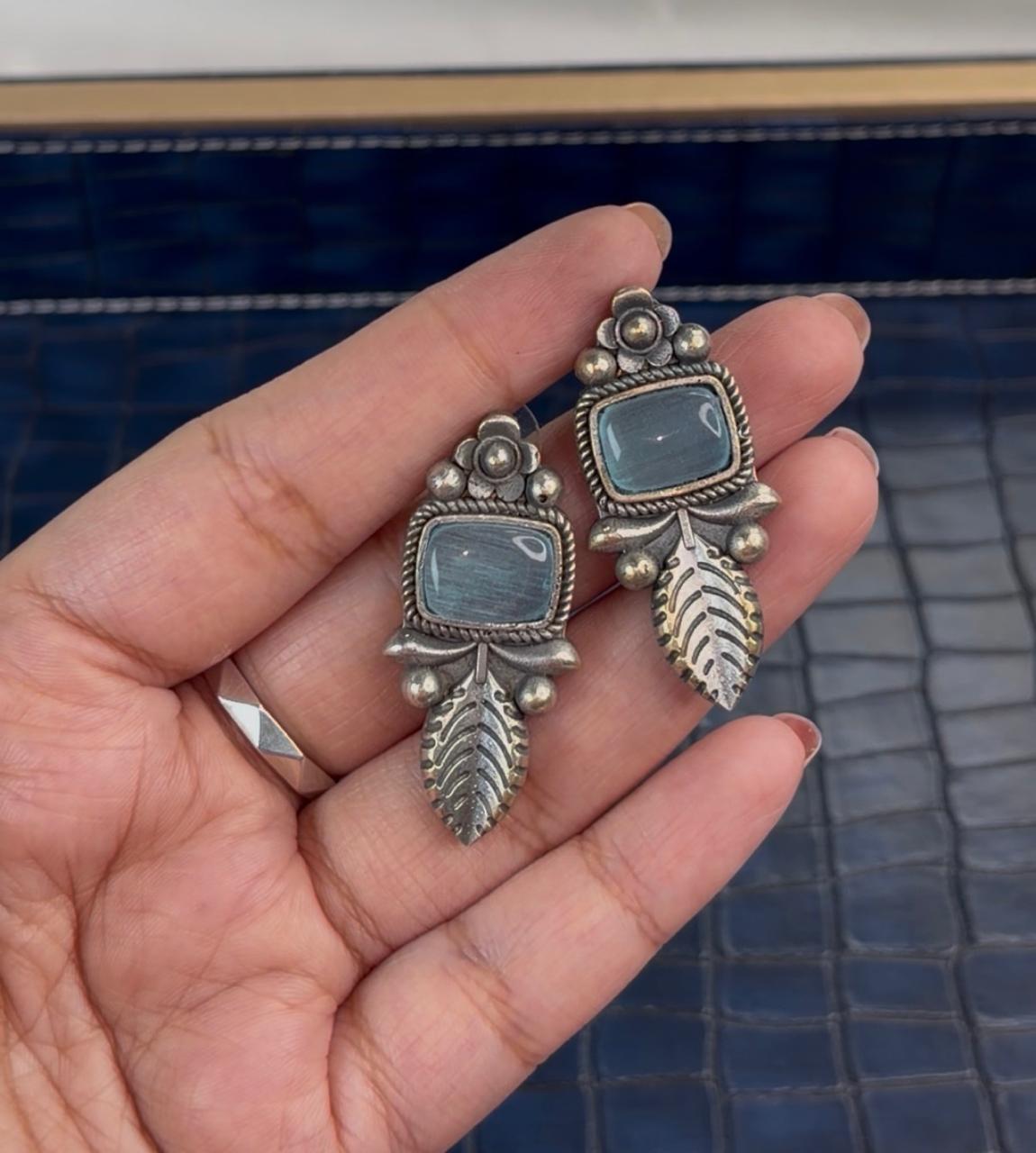 Oxidized Silver Leaf Drop Earrings | Antique Floral Studs with Blue Cats-Eye Stone | Boho Tribal Jewelry - Image 2